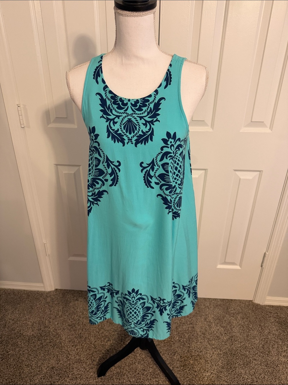 Southern Tide Turquoise Sleeveless Midi Dress with Navy Medallion Print